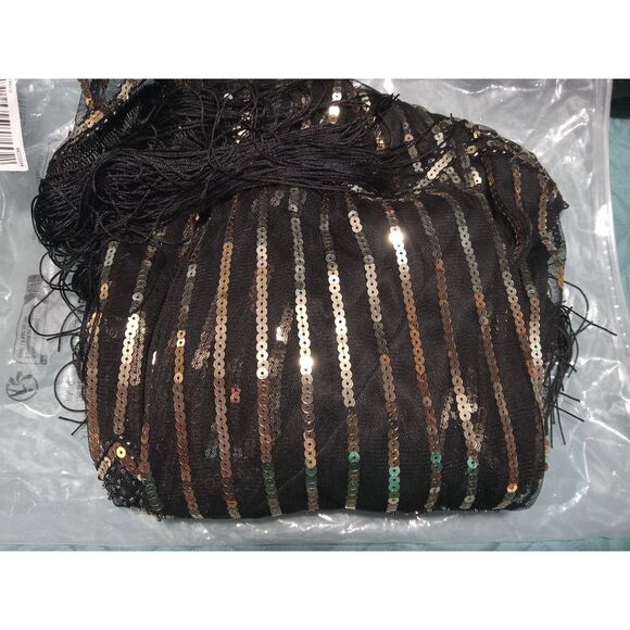 Sequined Fringe Hem Flapper Vintage Sleeveless Tank Dress BLACK & GOLD US14 - Picture 3 of 4